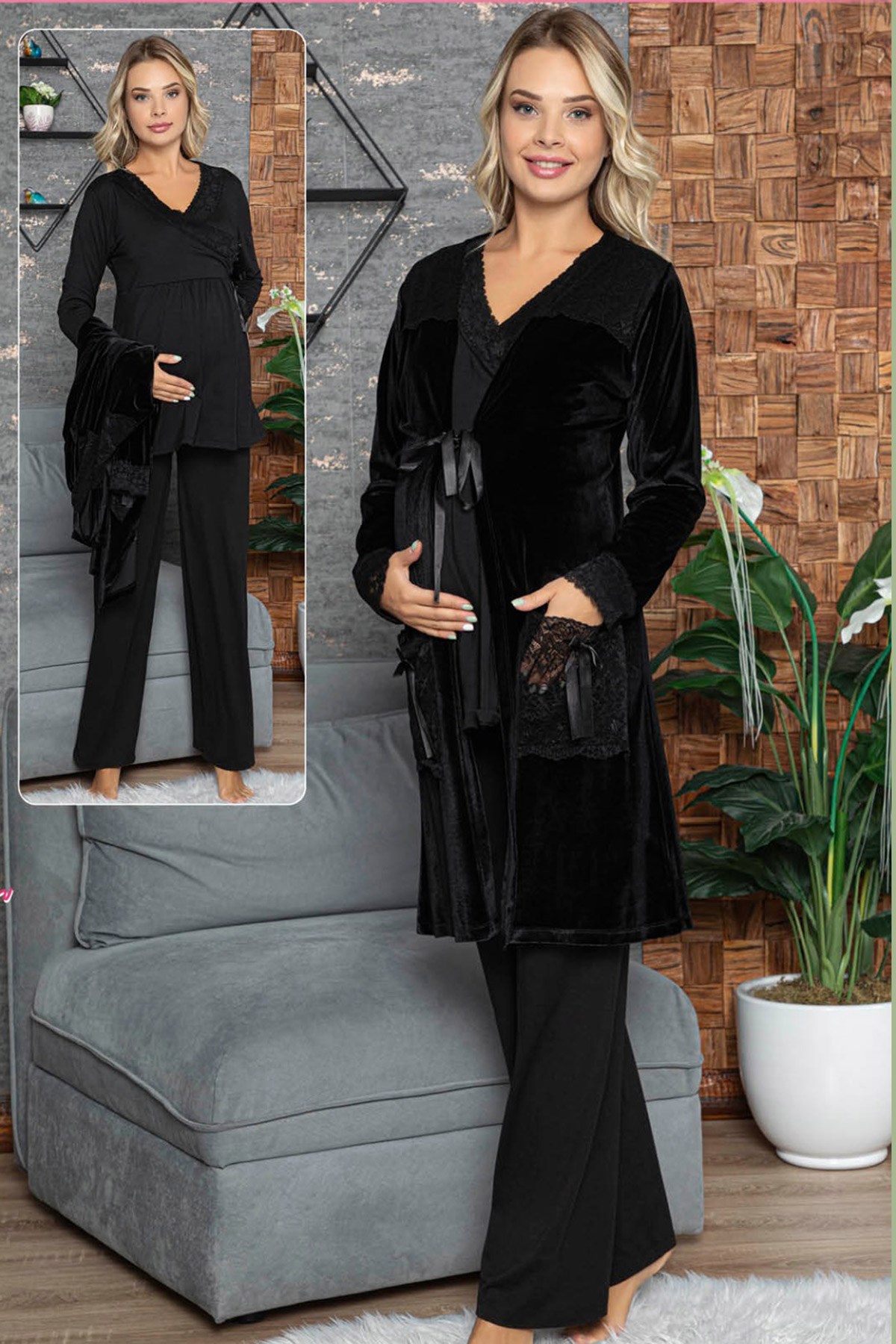 jenika 42422 Kadife Sabahlıklı Lohusa Pijama Takımı