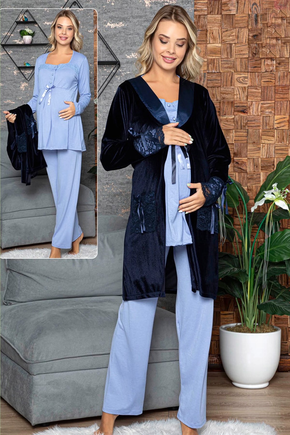 jenika 42452 Kadife Sabahlıklı Lohusa Pijama Takımı