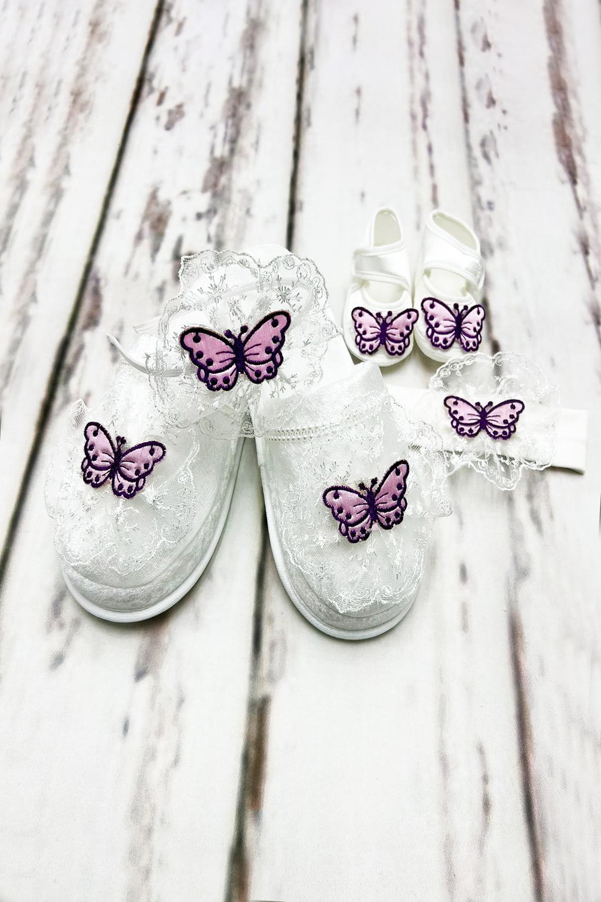 Kelebek Nakışlı Anne Bebek Terlik Taç Terlik Seti