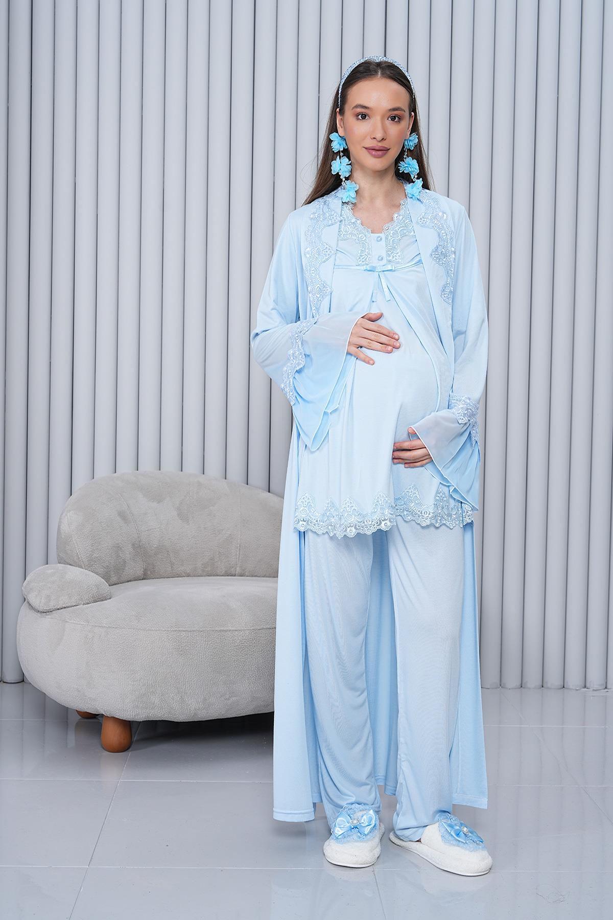 Kısa Kol Gizli Emzirme Özellikli Mavi Sabahlıklı Lohusa Pijama Takımı