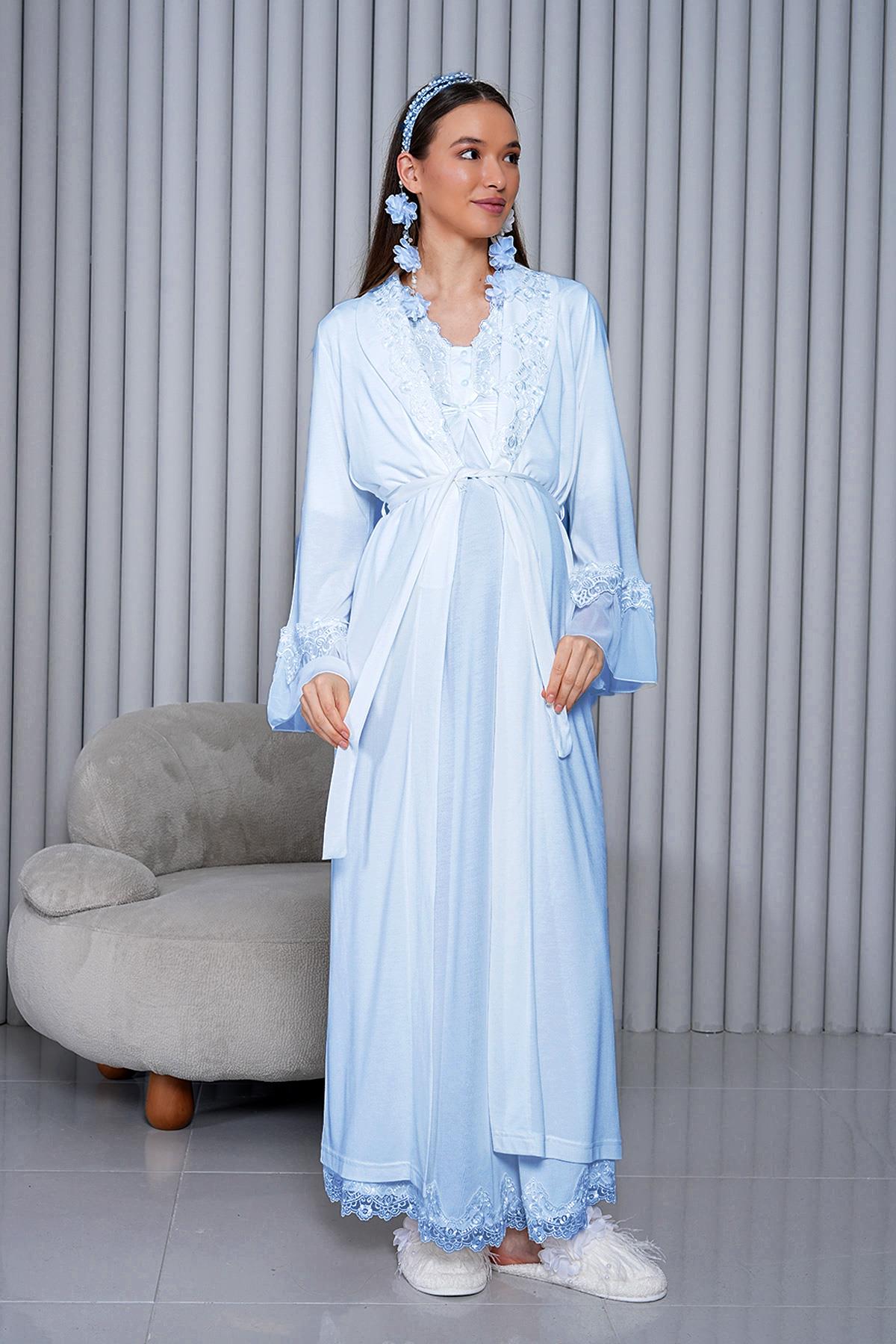 Kısa Kol Gizli Emzirme Özellikli Mavi Sabahlıklı Lohusa Gecelik Takımı