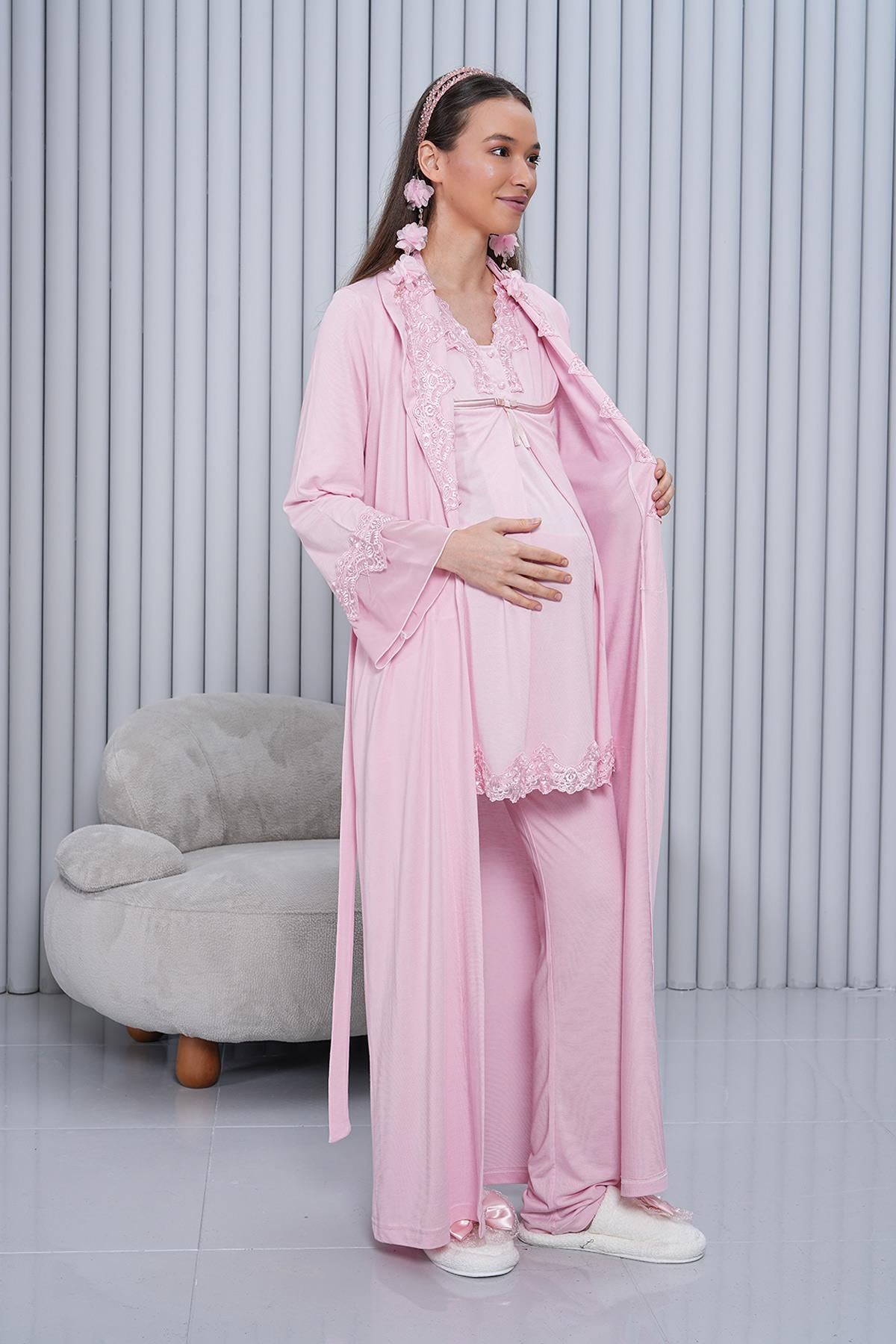 Kısa Kol Gizli Emzirme Özellikli Pudra Sabahlıklı Lohusa Pijama Takımı