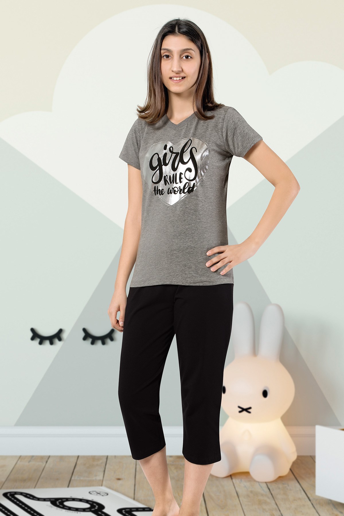 Kız Çoçuk Garson Kapri Pijama Takım 8060