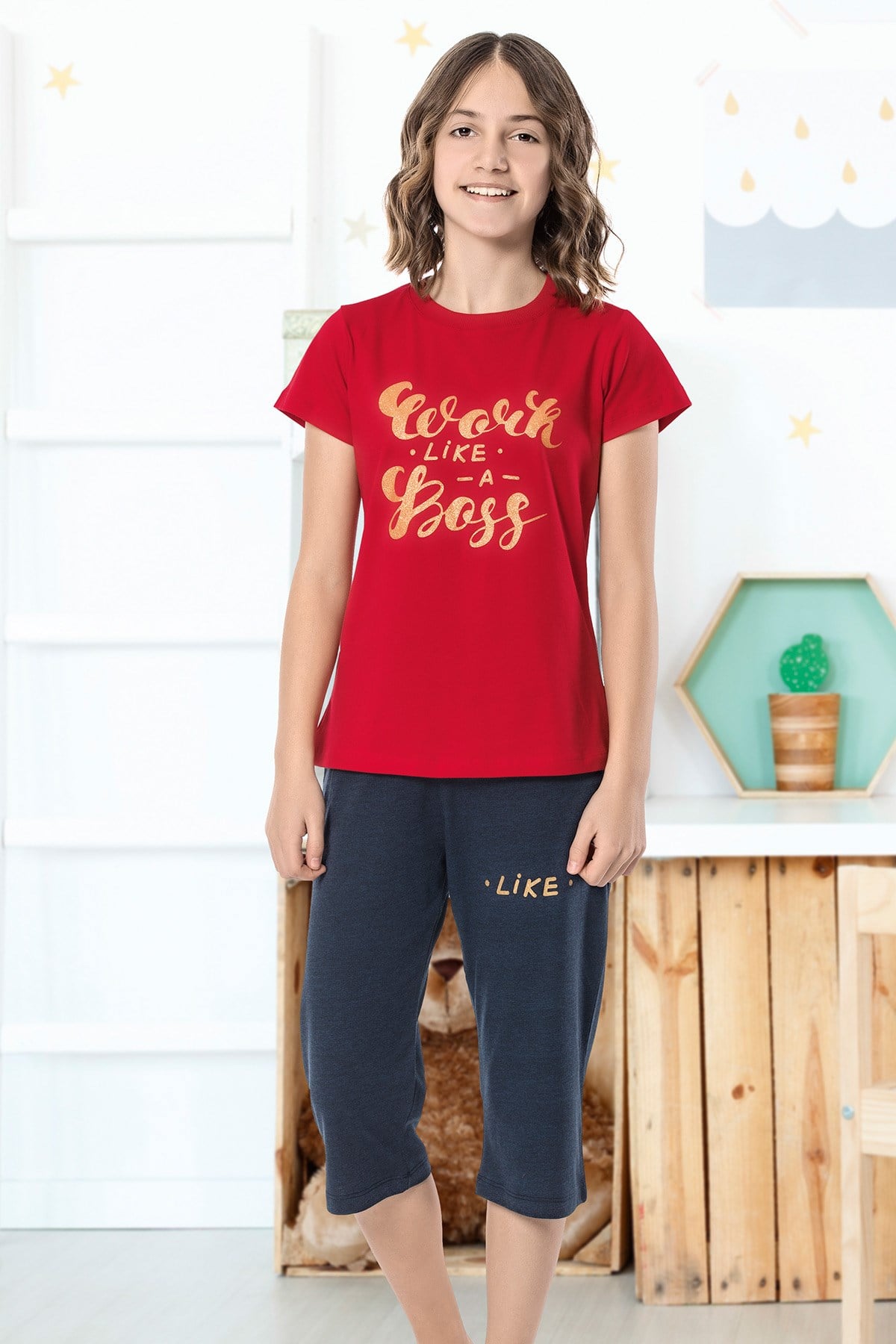 Kız Çoçuk Garson Kapri Pijama Takım 8080