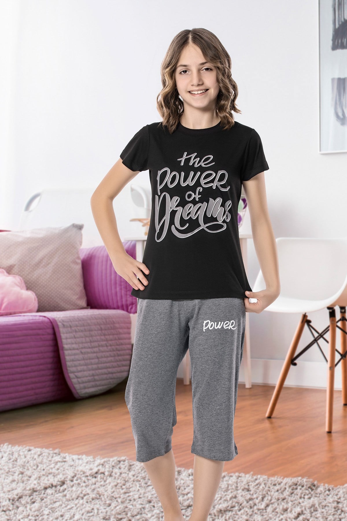 Kız Çoçuk Garson Kapri Pijama Takım 8082