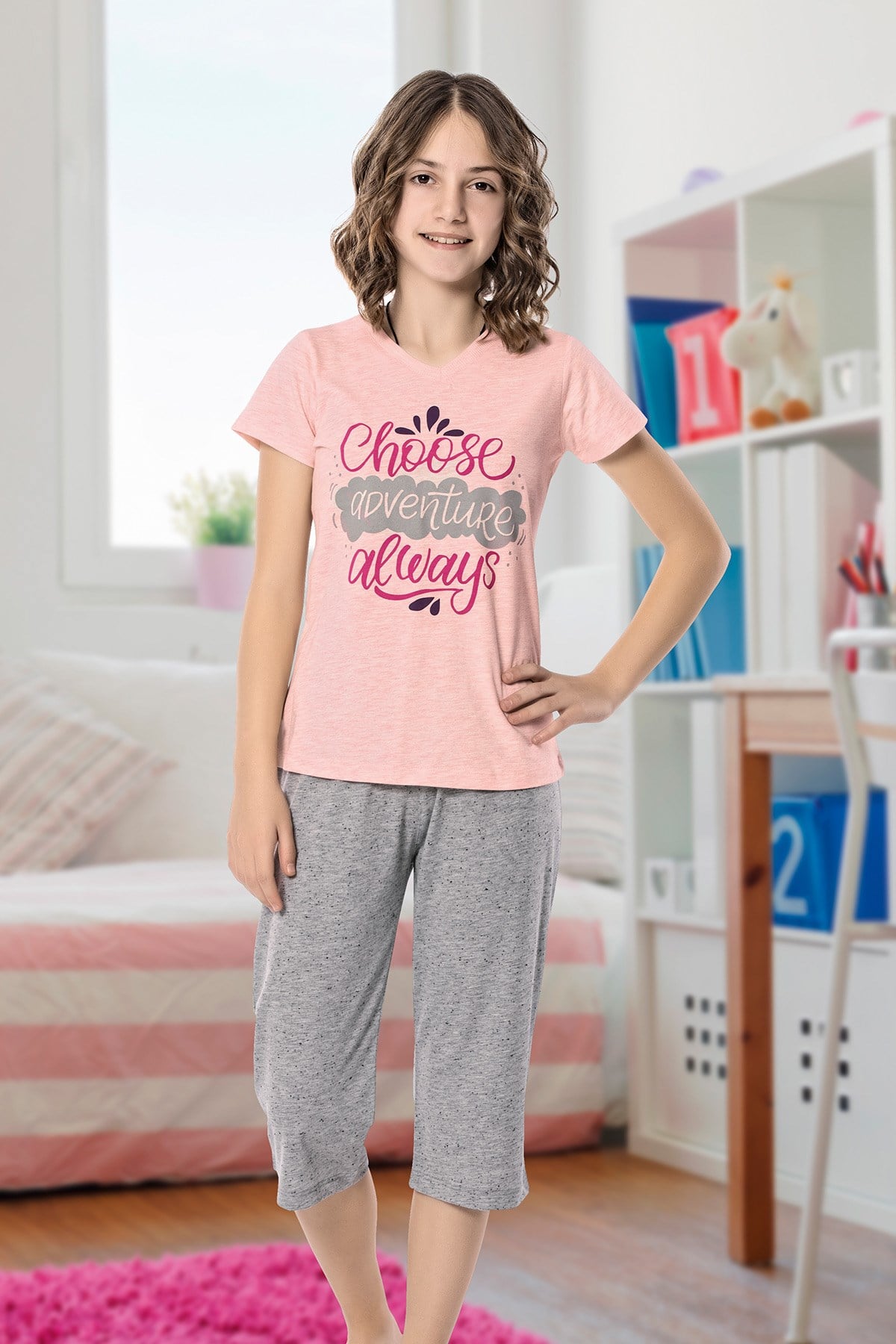 Kız Çoçuk Garson Kapri Pijama Takım 8089