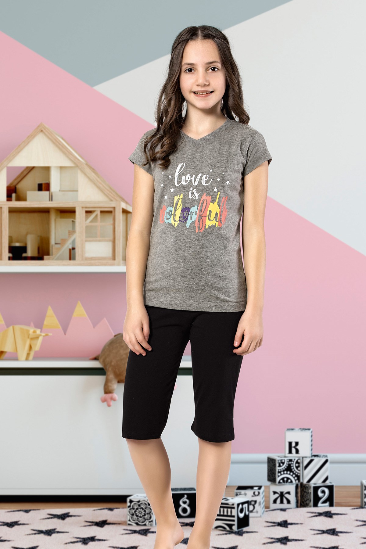 Kız Çocuk Kapri Pijama Takımı-6128