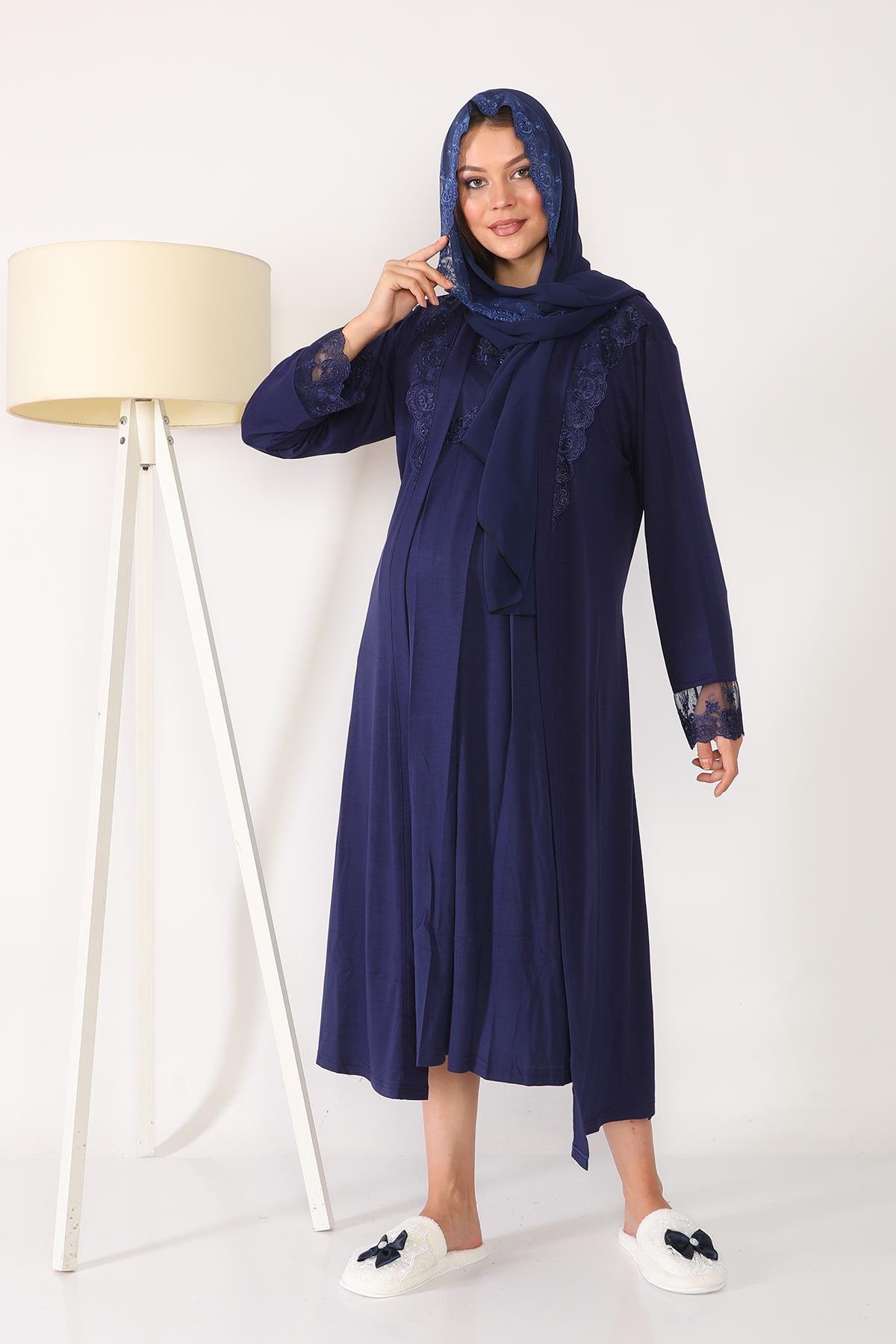 Lacivert Tesettürlü Sabahlıklı Lohusa Gecelik Takımı