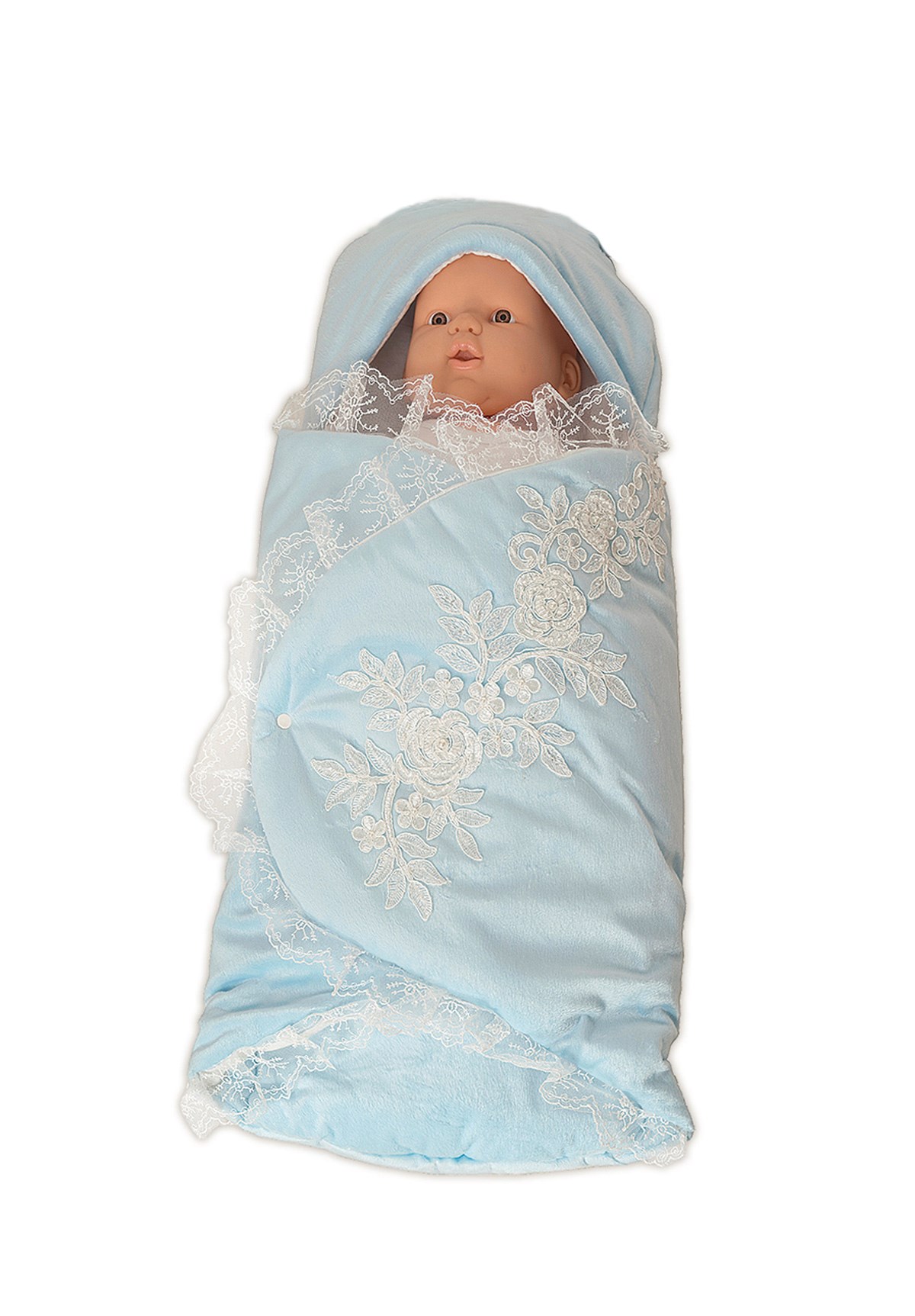 Lh 1422 Dantel işlemeli Mavi Peluş Bebek Kundak - Lohusa Hamile