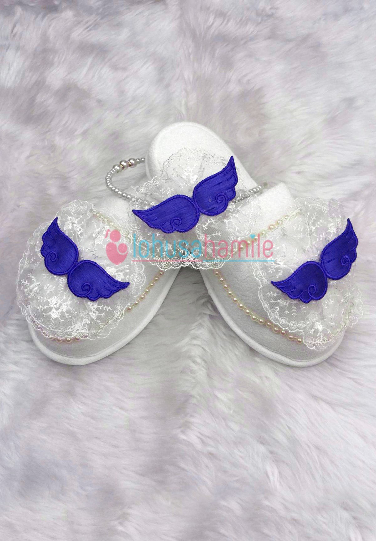 Lh 344 Saks Mavisi Kanat Nakışlı Lohusa Tac ve Terlik Seti