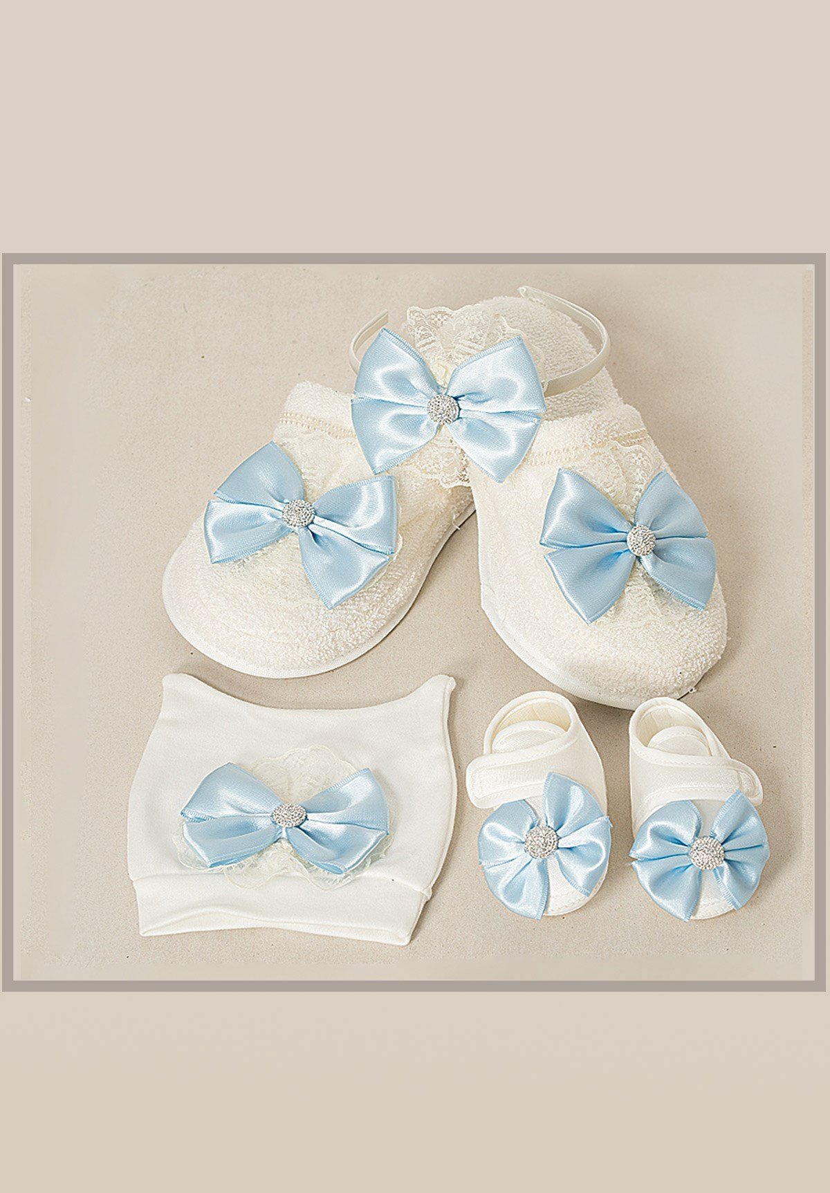 Lh 507 Mavi Fiyonklu Anne Bebek Terlik ve Şapka Seti