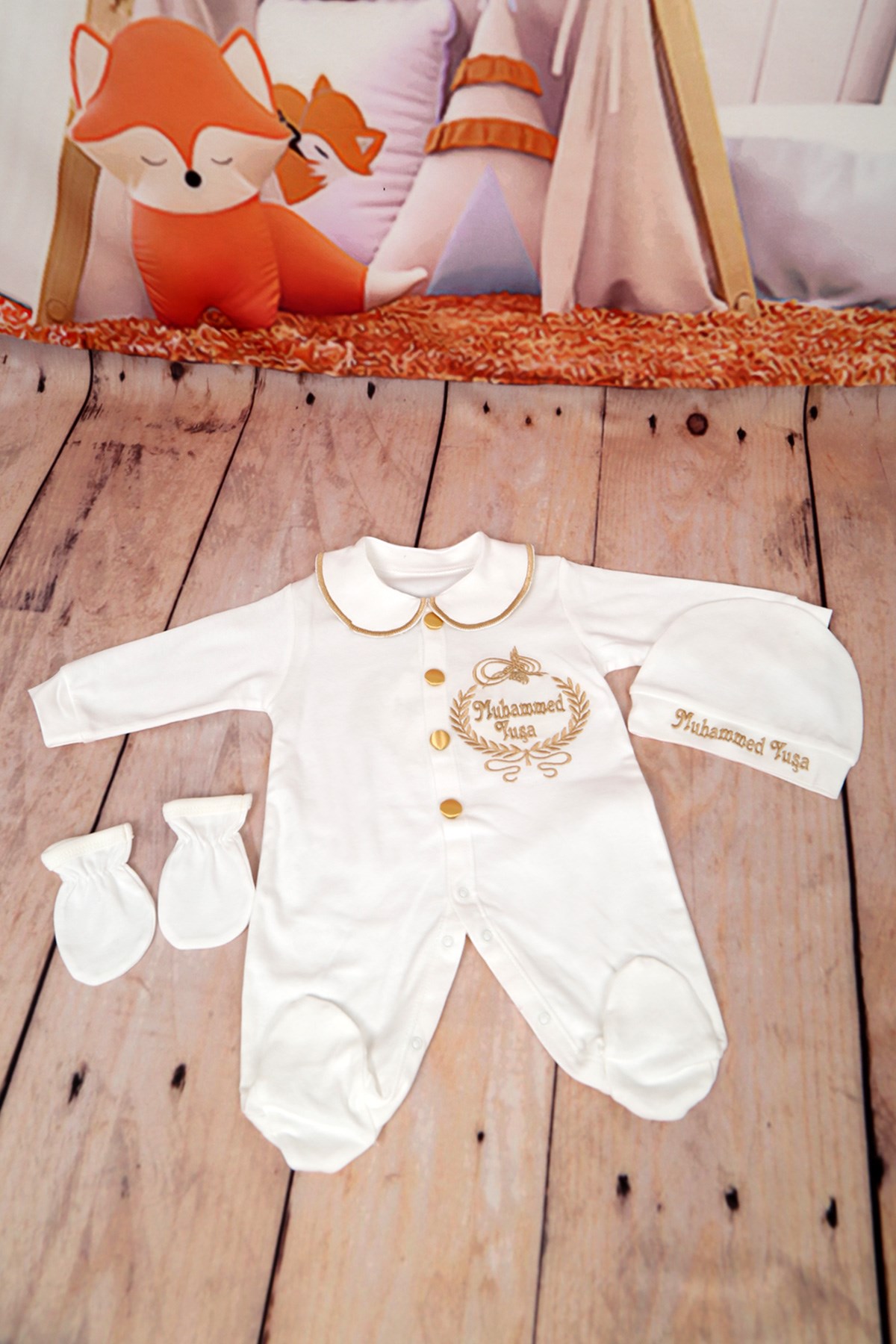 Lh0355 İsme Özel Yaka Detaylı Tuğra Nakışlı 3lü Hastane Çıkış Set