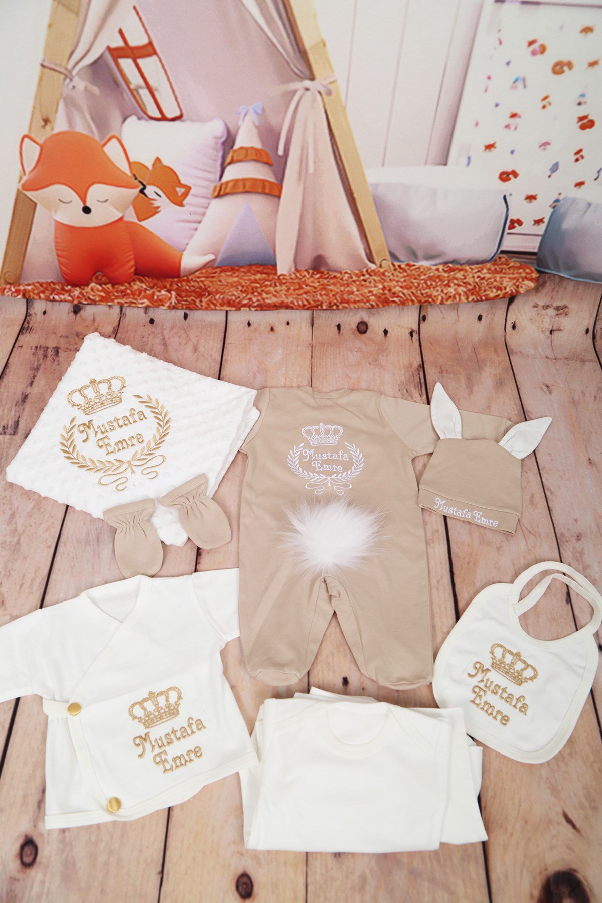 LH10117 İsme Özel Bej Tavşanlı Hastane Çıkışı 10'lu Set