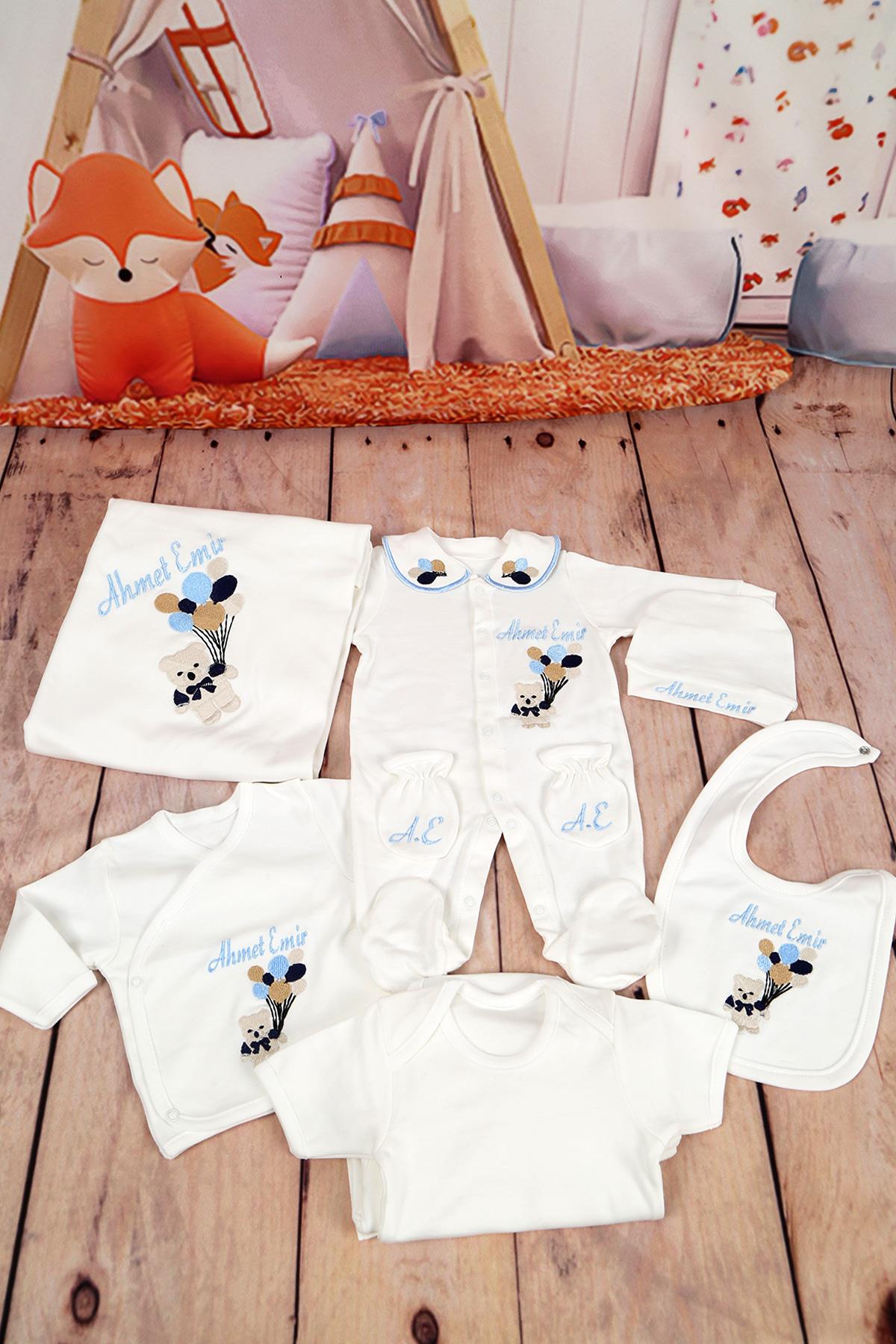 Lh10121 İsme Özel Ayıcık Balon Nakışlı 10lu Hastane Çıkış Seti