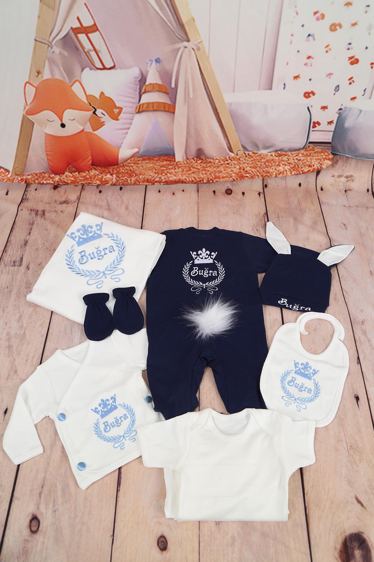 Lh10122 İsme Özel Lacivert Tavşanlı Nakışlı 10lu Hastane Çıkış Seti