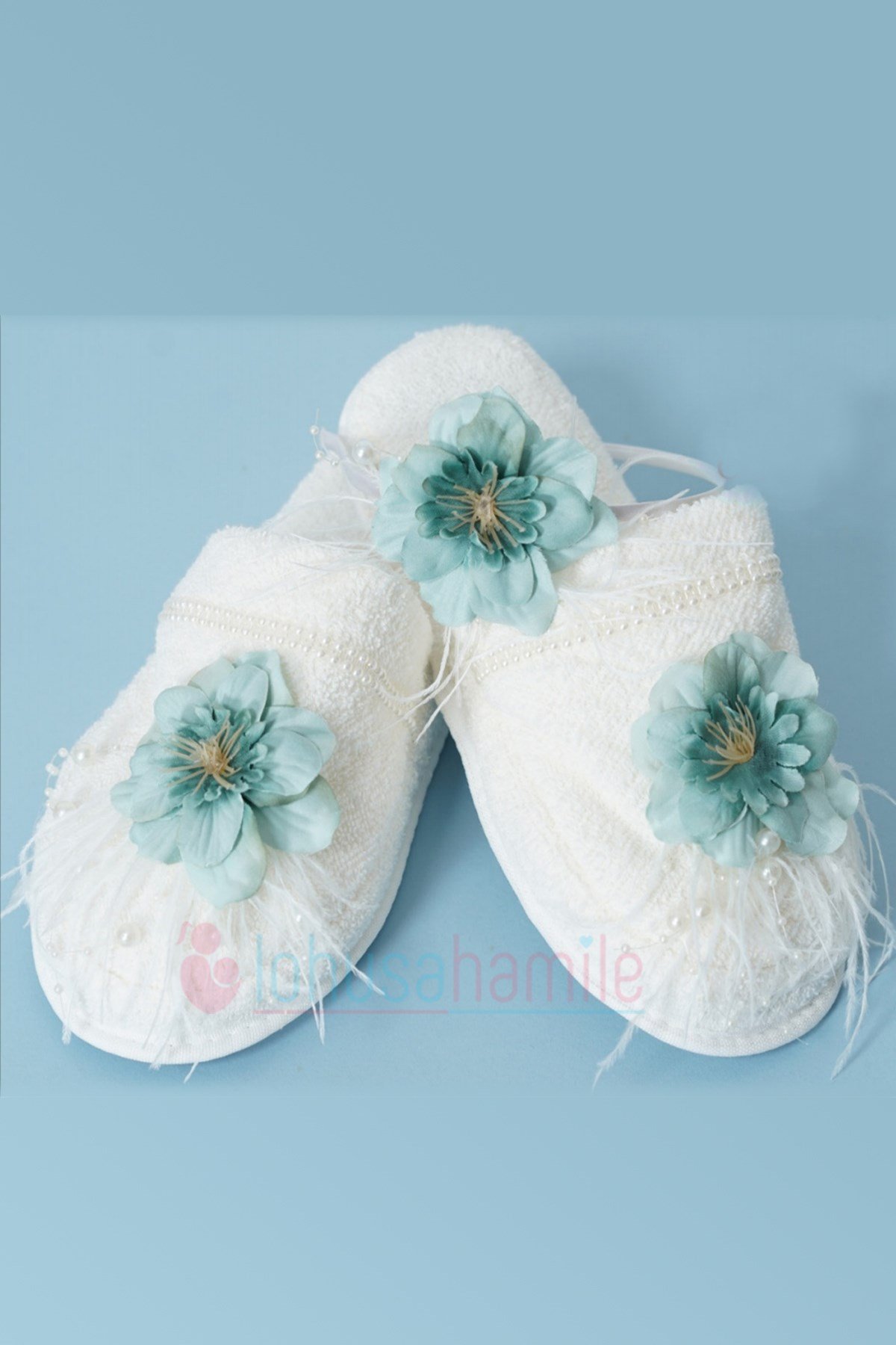 Lh13022 Turkuaz Tüylü Şebboy Lohusa tac ve Lohusa Terlik Seti