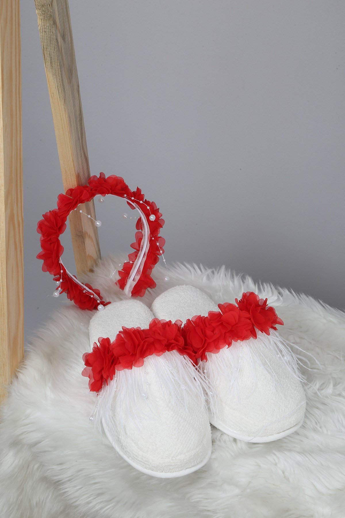 Lh23110 Kırmızı Alya Lohusa Terlik ve Taç Seti