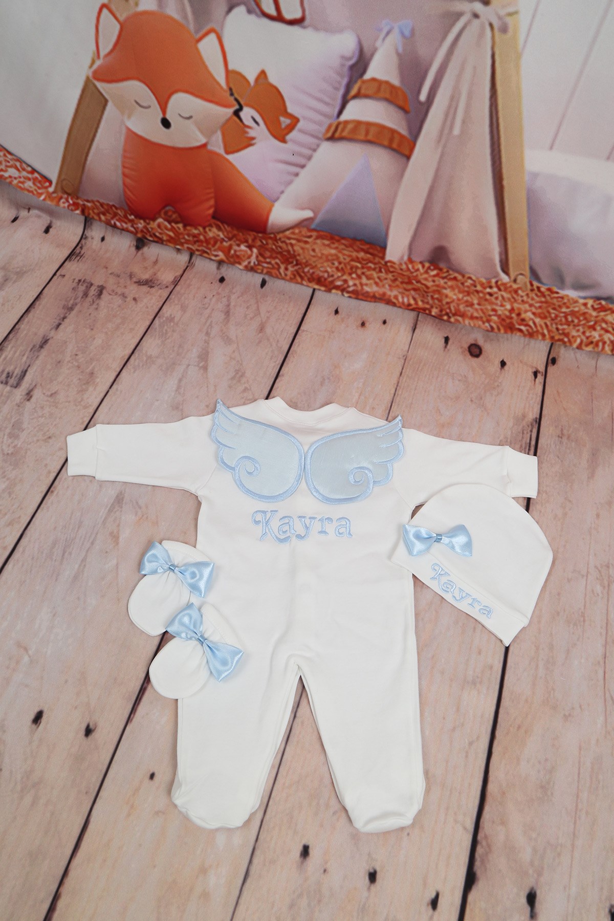 Lh3091 İsme Özel Kanat Nakışlı Hastane Çıkışı 3lü Set