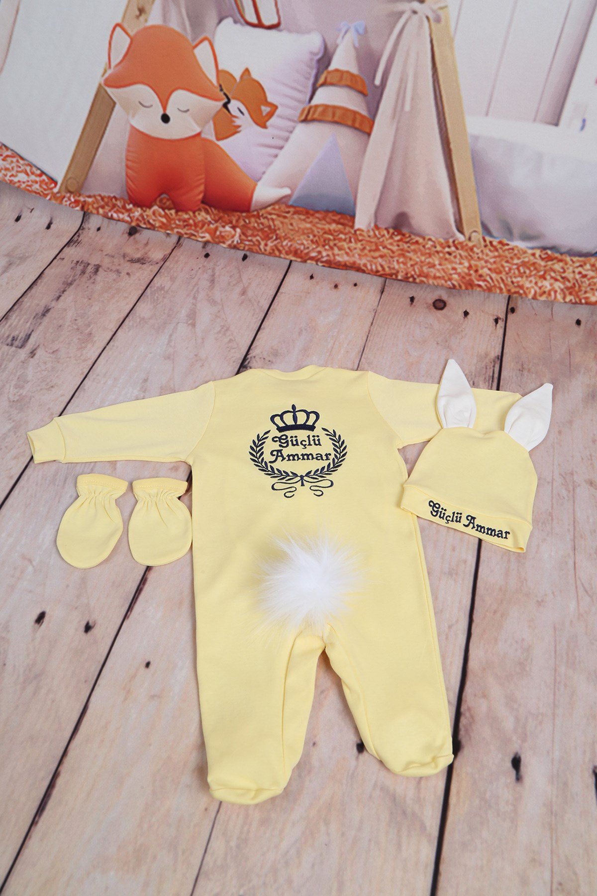 Lh3101 İsme Özel Sarı Tavşanlı Nakışlı Hastane Çıkışı 3lü Set