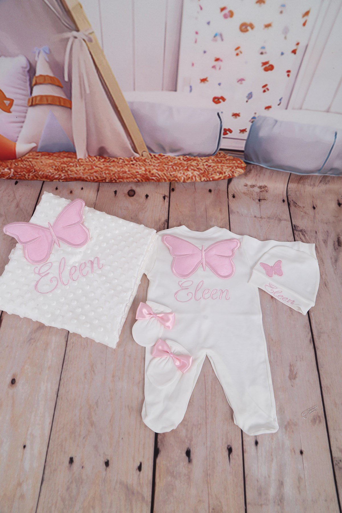 Lh4077 İsme Özel Kelebekli  Hastane Çıkışı 4'lü set