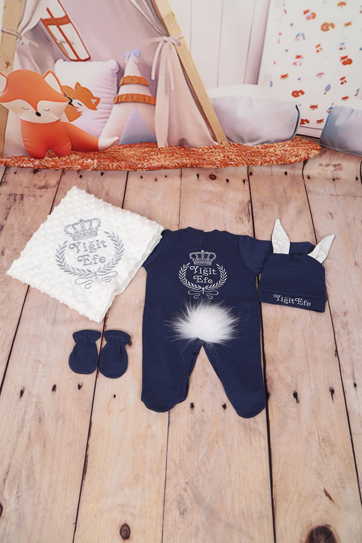 Lh4135 İsme Özel Tavşanlı Gri Nakışlı 4lü Hastane Çıkış Set