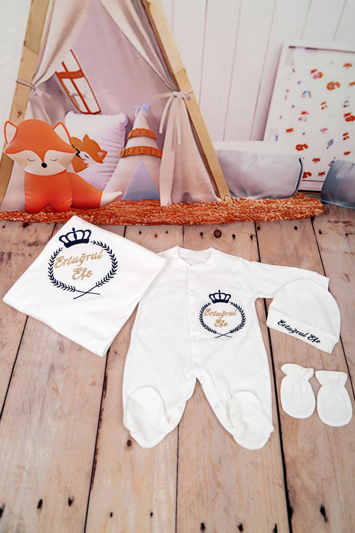 Lh4136 İsme Özel Çelenk Tac Nakışlı 4lü Hastane Çıkış Set