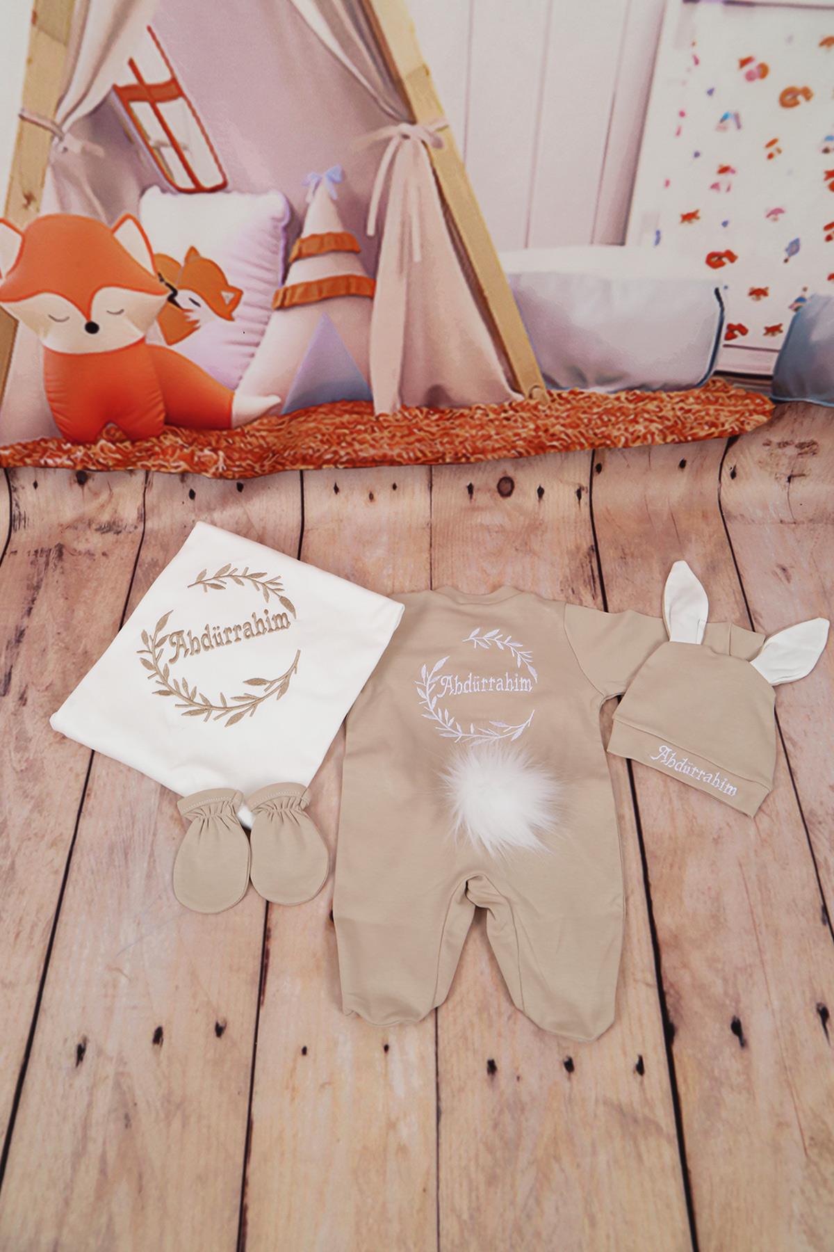 Lh4140 İsme Özel Tavşanlı Nakışlı 4lü Hastane Çıkış Set