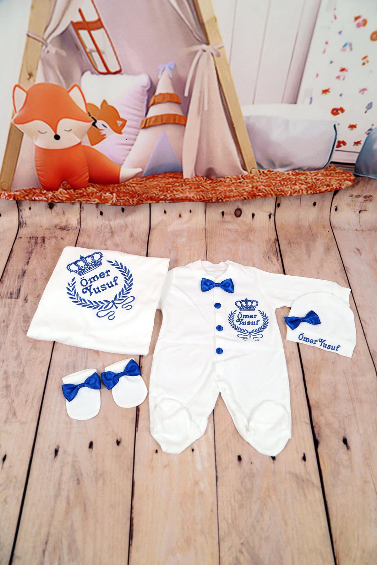 Lh4144 İsme Özel Taç Desenli Nakışlı 4lü Hastane Çıkış Set