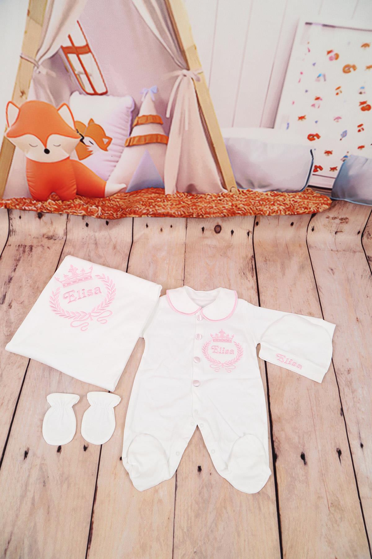 Lh4145 İsme Özel Yaka Detaylı Nakışlı 4lü Hastane Çıkış Set