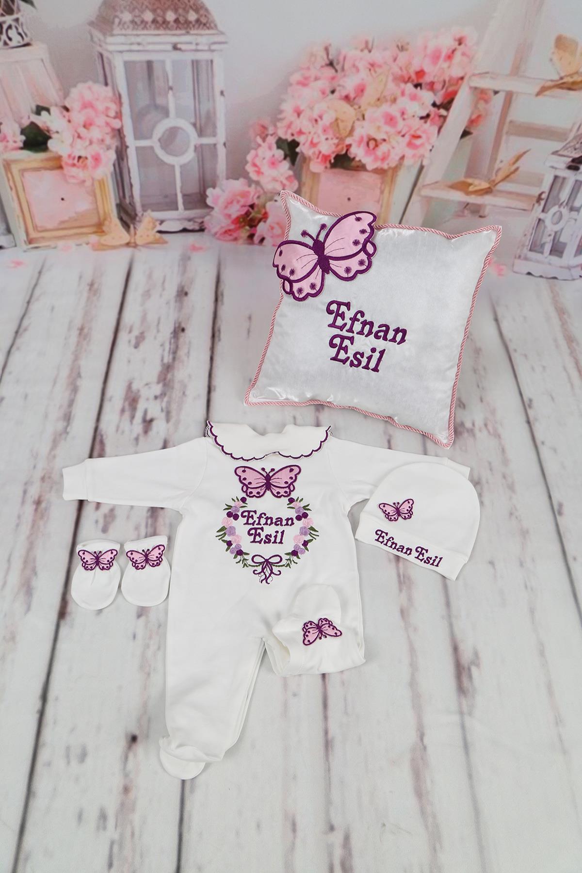 lh4152 İsme Özel Kelebek Nakışlı 4lü Hastane Çıkış Setİ