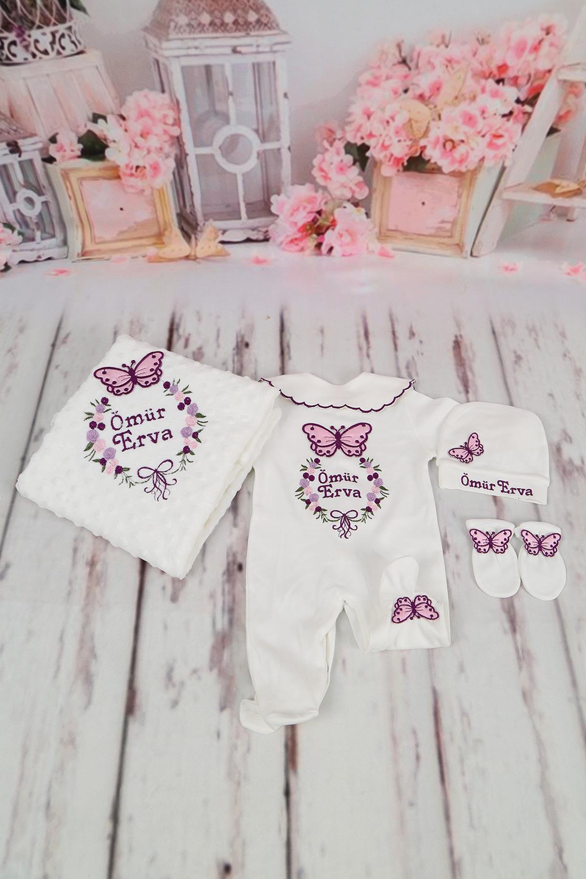 lh4156 İsme Özel Kelebek Nakışlı 4lü Hastane Çıkış Seti