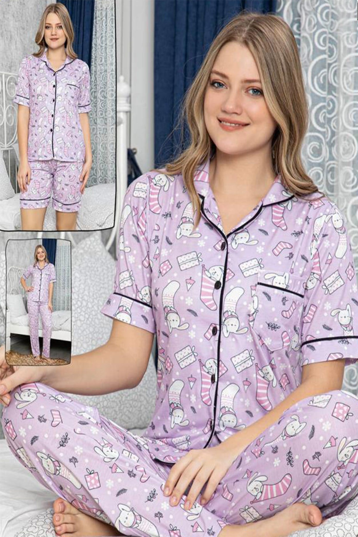 Lilly 34092 Önden Düğmeli Lohusa Pijama ve Şortlu Set