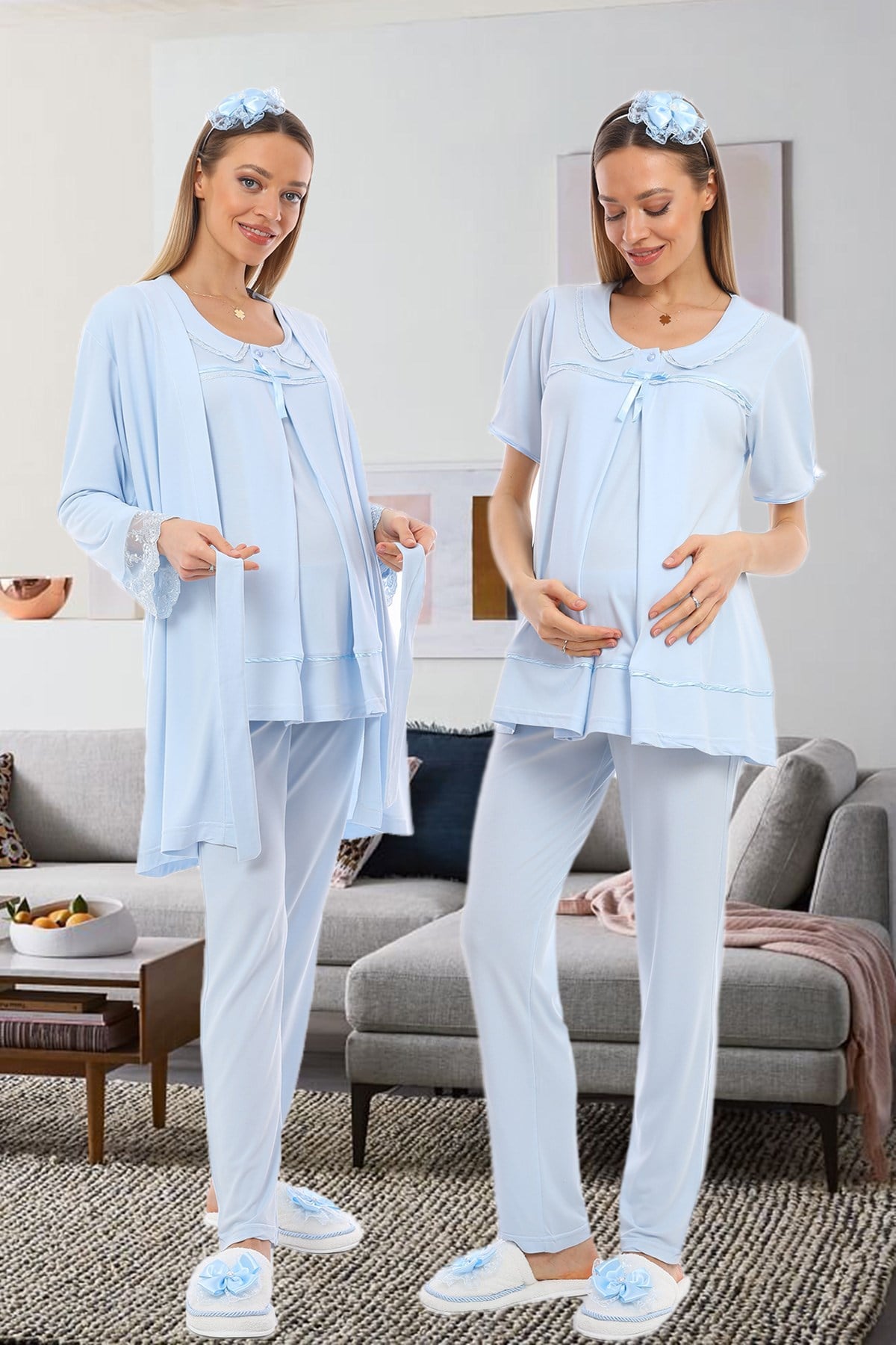 Lohusa Hamile 1074 Mavi Gizli Emzirme Özellikli Sabahlıklı Lohusa Pijama Takımı