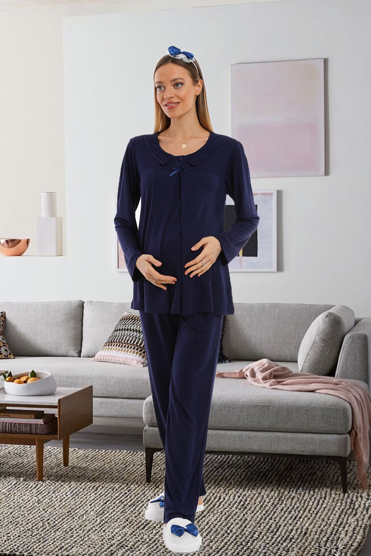 Lohusa Hamile 1082 Lacivert Yaka Detaylı Gizli Emzirme Özellikli Lohusa Pijama Takımı