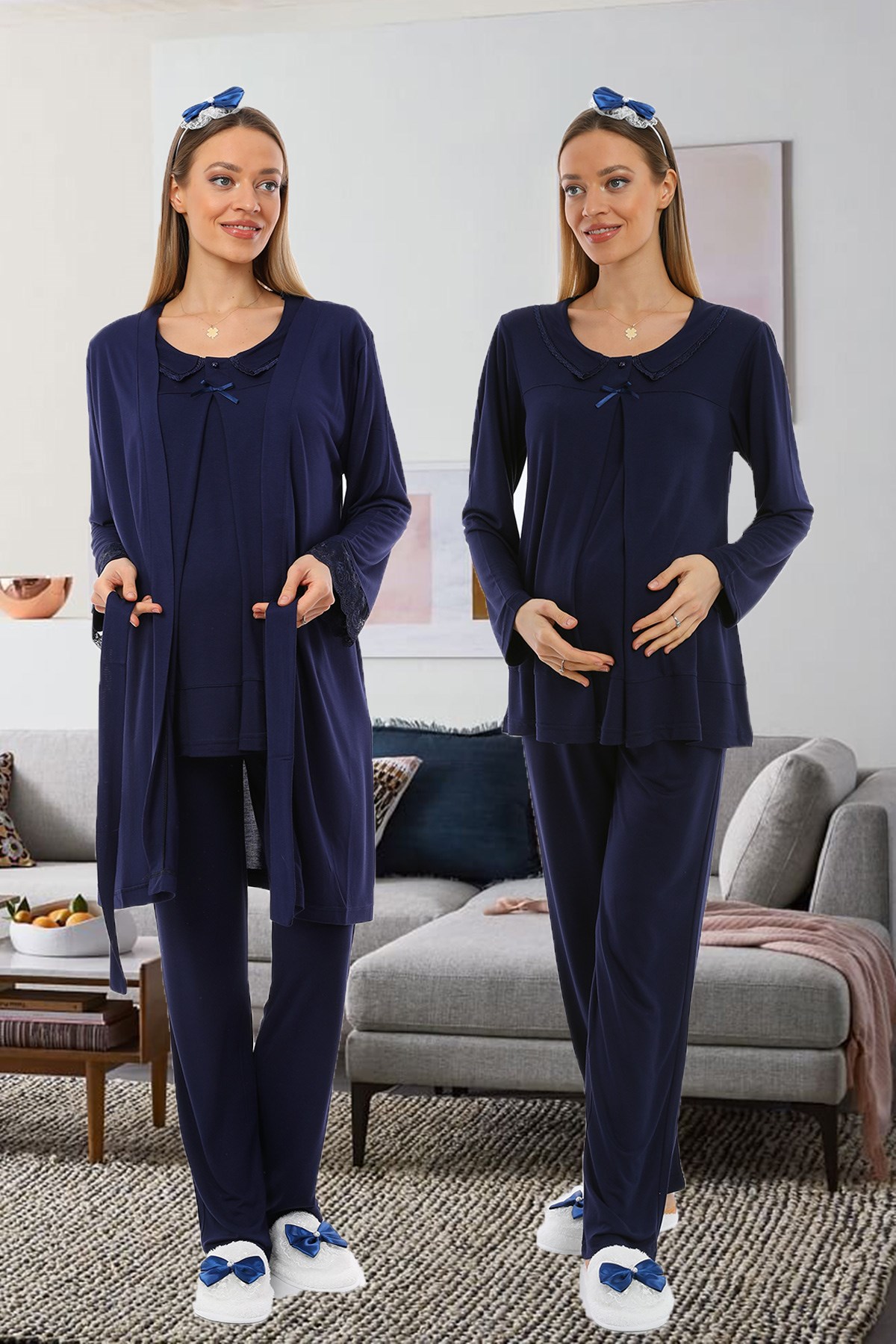 Lohusa Hamile 1084 Lacivert Yaka Detaylı Gizli Emzirme Özellikli Sabahlıklı Lohusa Pijama Takımı