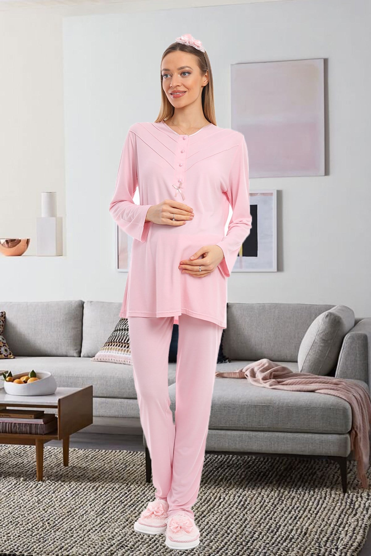 Lohusa Hamile 1092 Pudra Kolay Emzirme Özellikli Lohusa Pijama Takımı