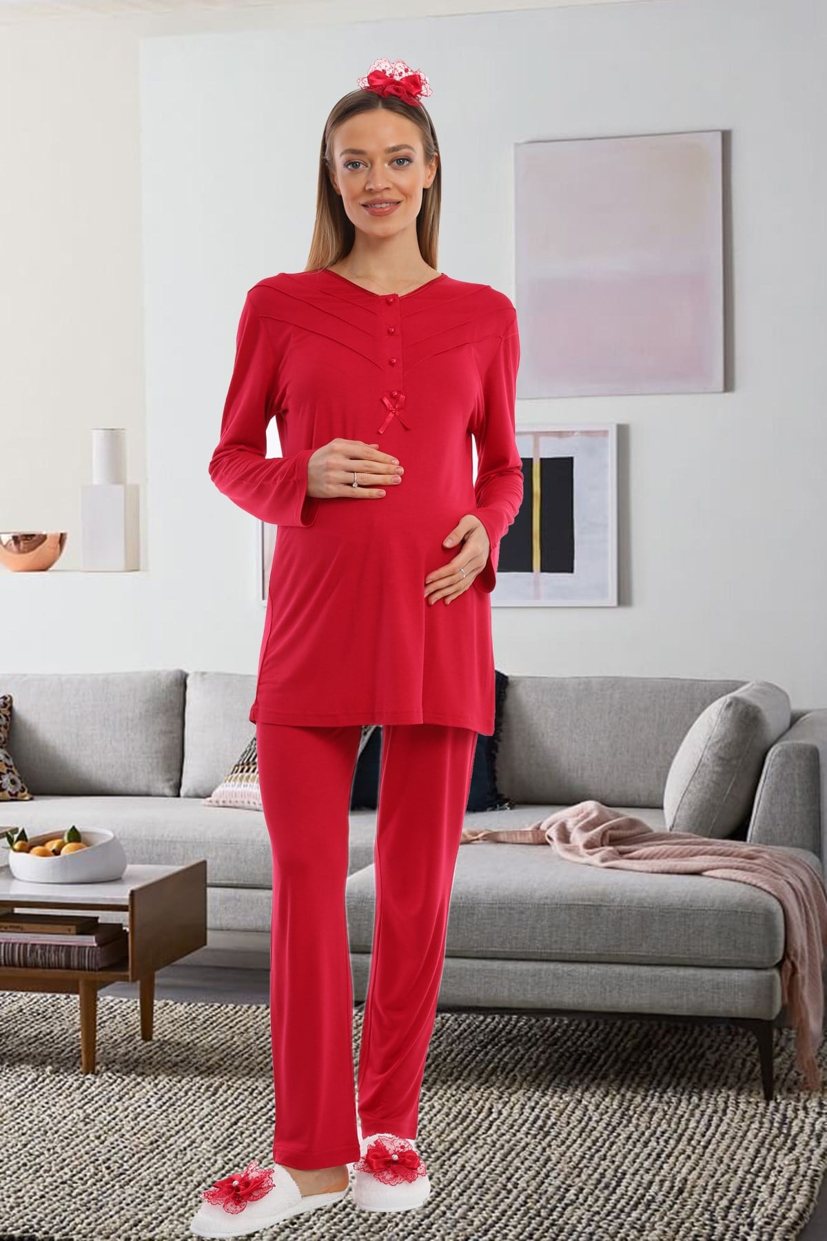 Lohusa Hamile 1092 Vişne Kolay Emzirme Özellikli Lohusa Pijama Takımı