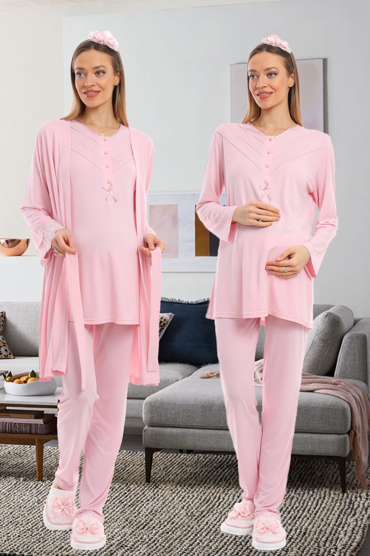 Lohusa Hamile 1094 Pudra Pembe Sabahlıklı Lohusa Pijama Takımı