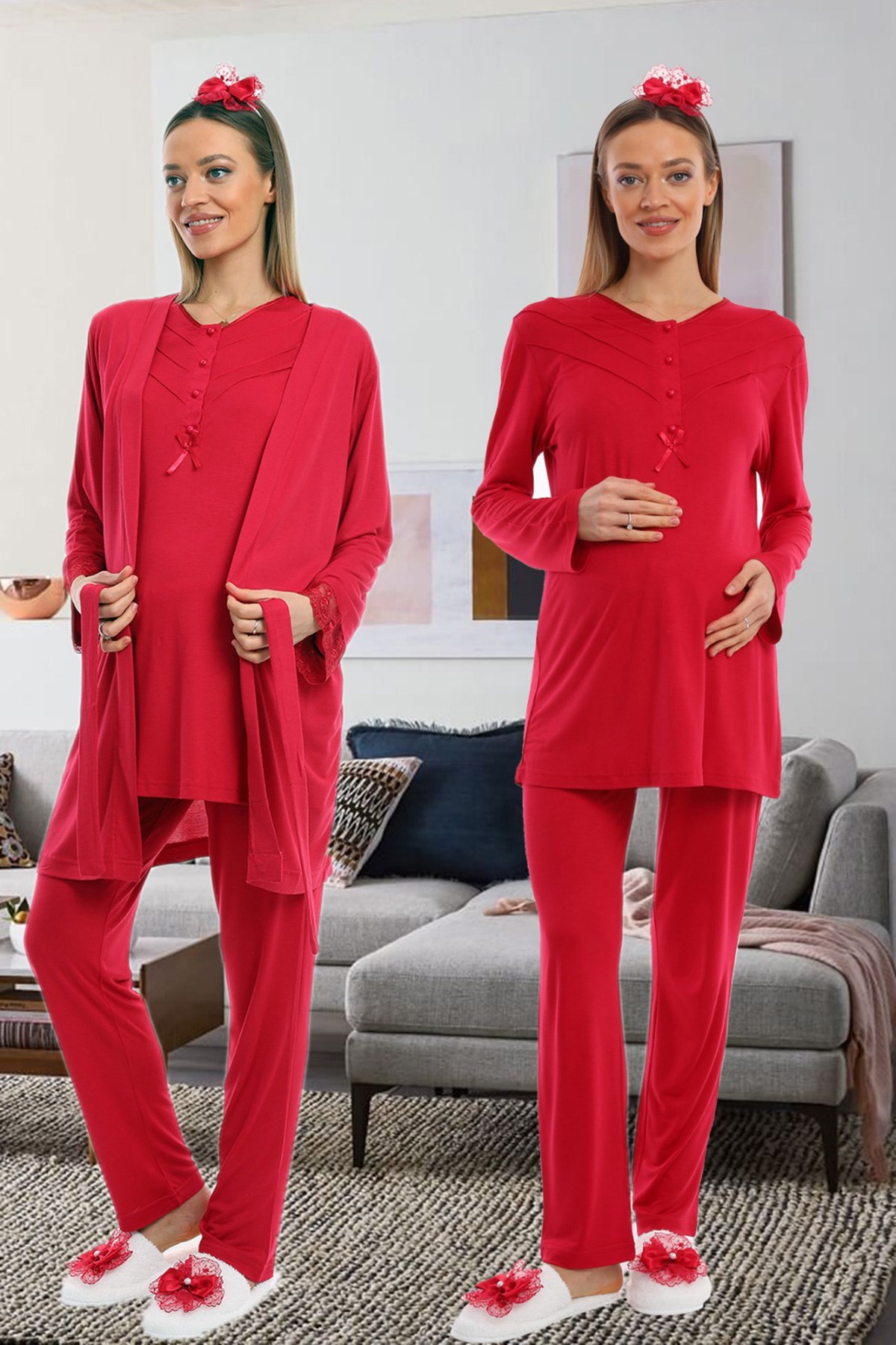 Lohusa Hamile 1094 Vişne Sabahlıklı Lohusa Pijama Takımı