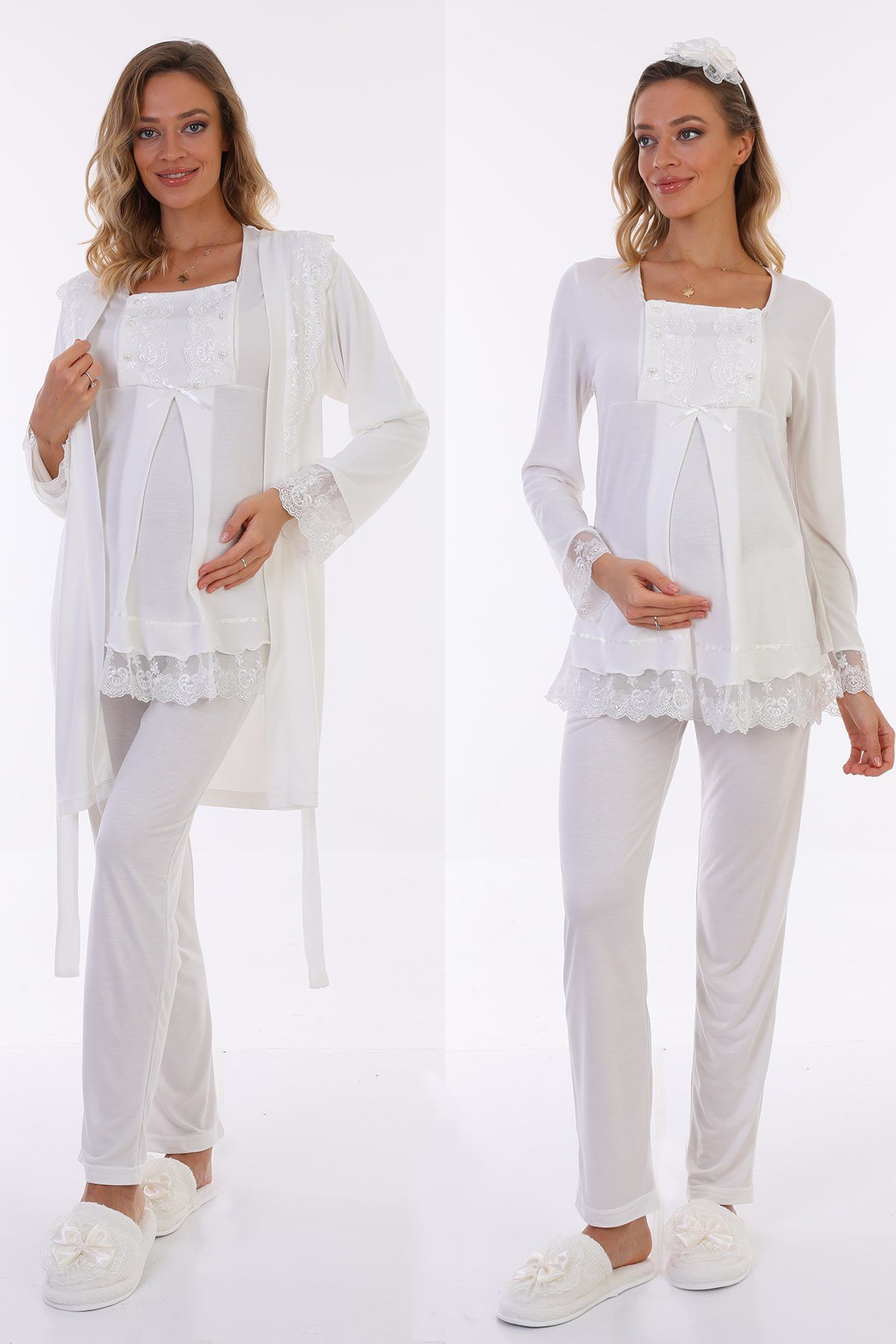 Lohusa Hamile 13044 Ekru Emzirme Özellikli Sabahlıklı Lohusa Pijama Takımı