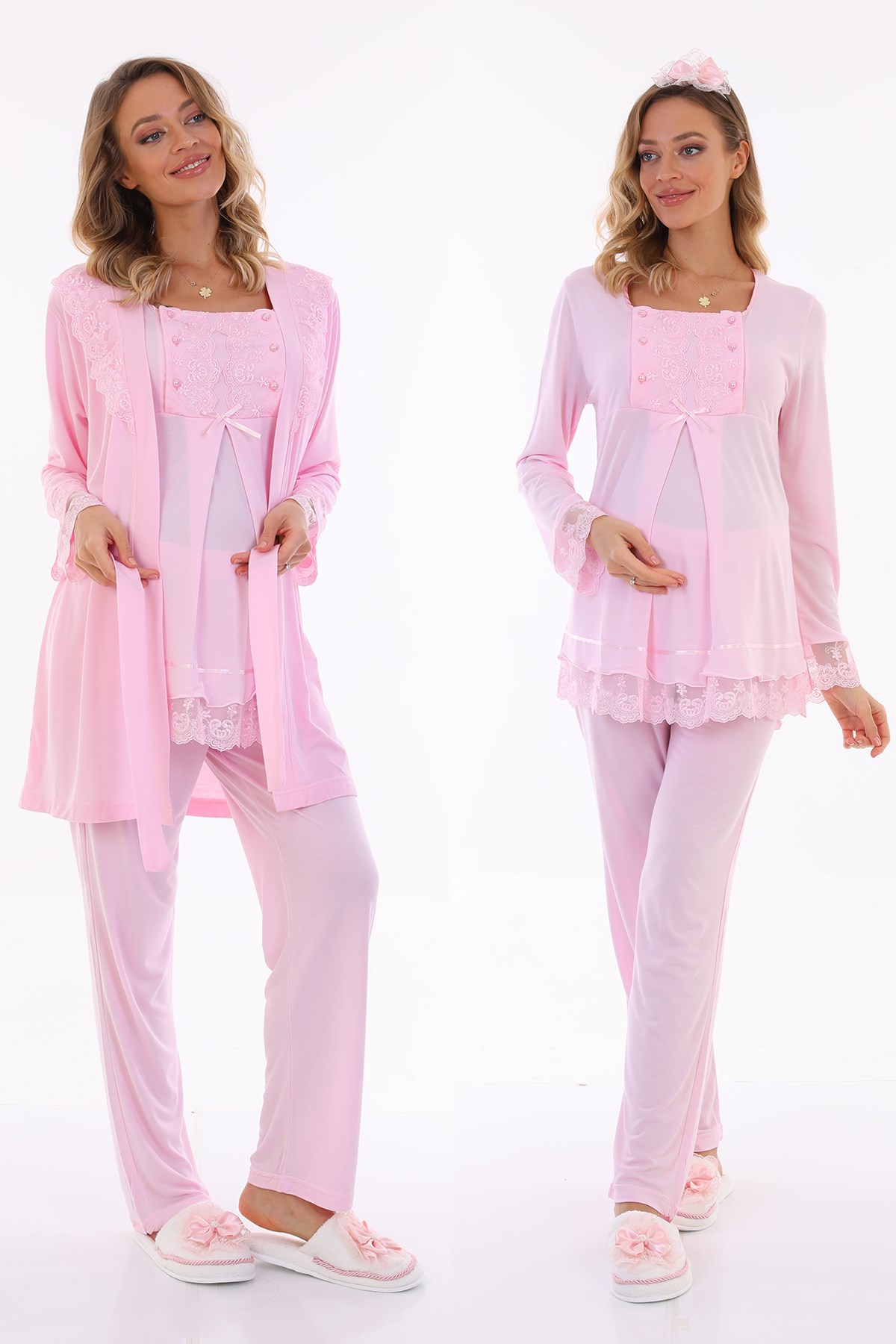 Lohusa Hamile 13044 Pudra Pembe Emzirme Özellikli Sabahlıklı Lohusa Pijama Takımı