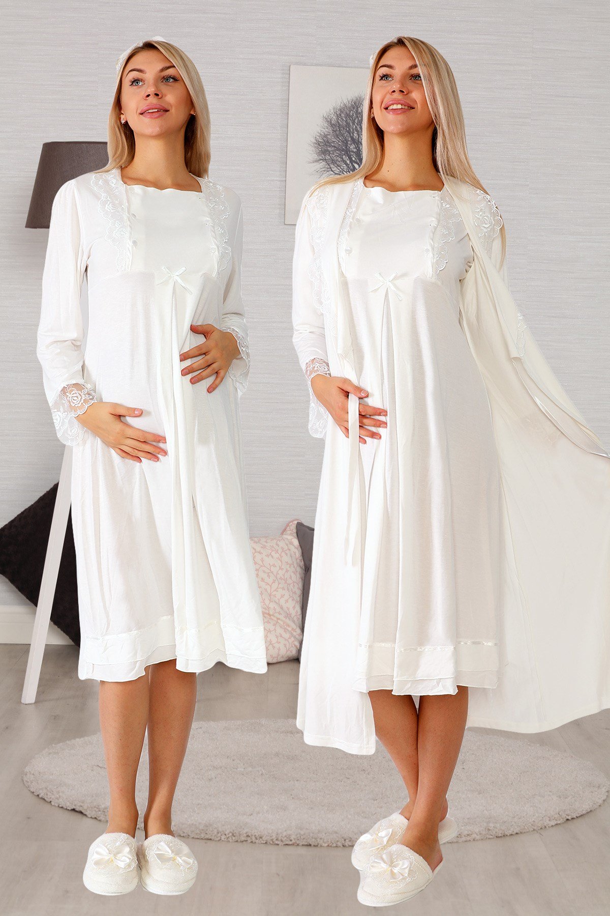 Lohusa Hamile 20121 Ekru Uzun Sabahlıklı Lohusa Gecelik Takımı