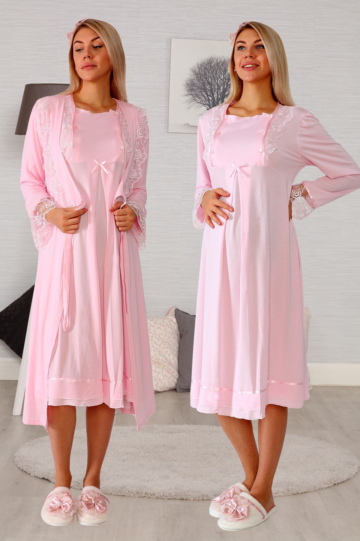 Lohusa Hamile 20121 Pembe Uzun Sabahlıklı Lohusa Gecelik Takımı