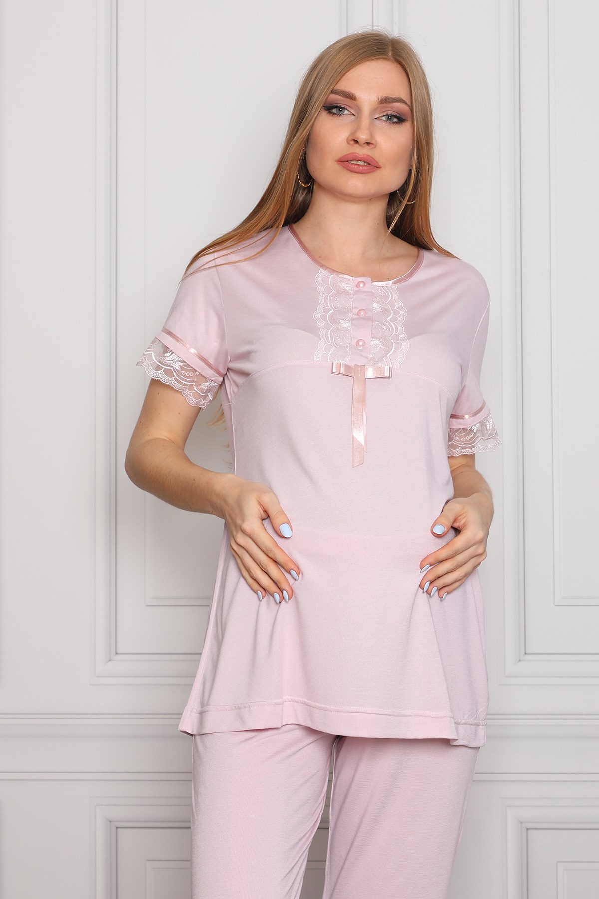Lohusa Hamile 22002 Pudra  Dantelli Lohusa Pijama