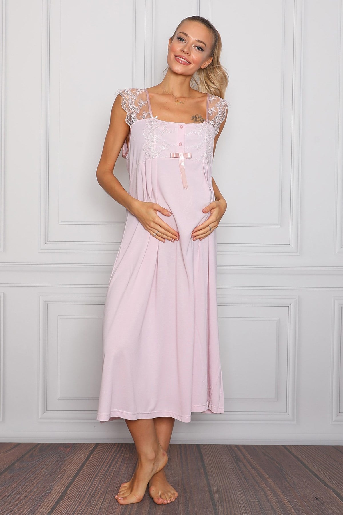 Lohusa Hamile 22005 Pembe Askılı Dantelli Lohusa Gecelik