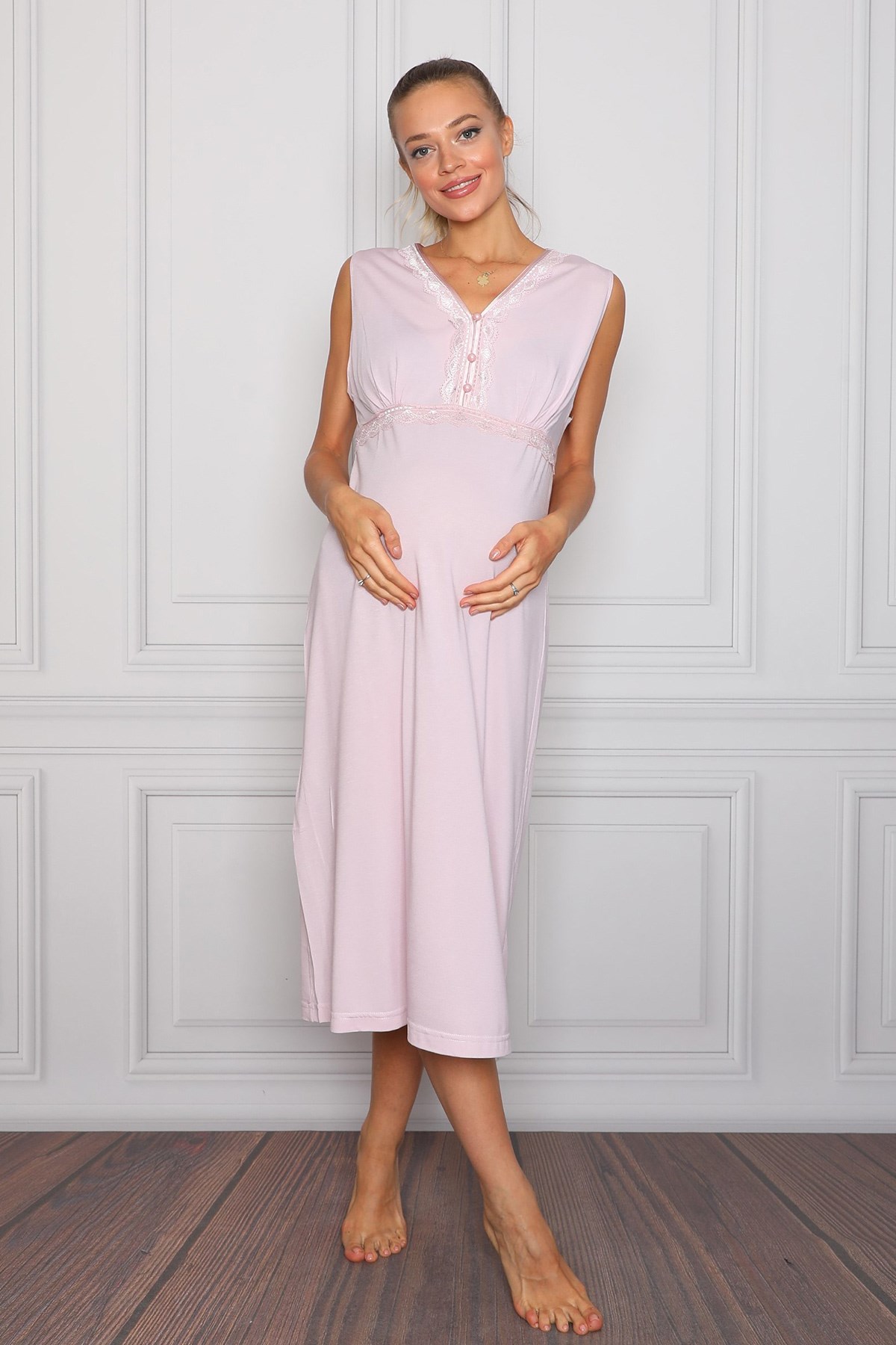 Lohusa Hamile 22007 Pembe V Yaka Lohusa Gecelik