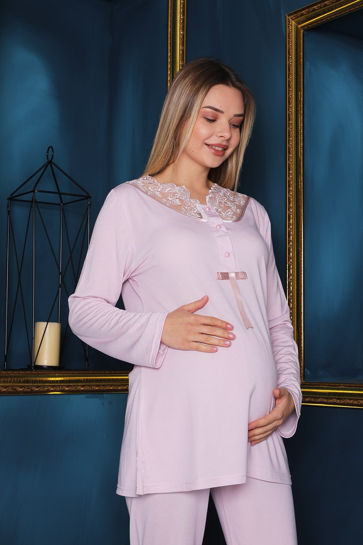 Lohusa Hamile 2332 Pudra Dantelli Lohusa Pijama Takımı