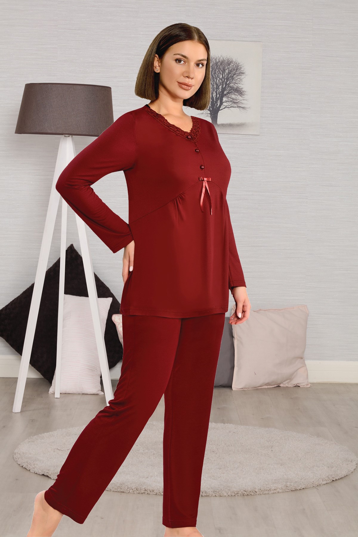 Lohusa Hamile 2351 Bordo Dantel Detaylı Lohusa Pijama Takımı