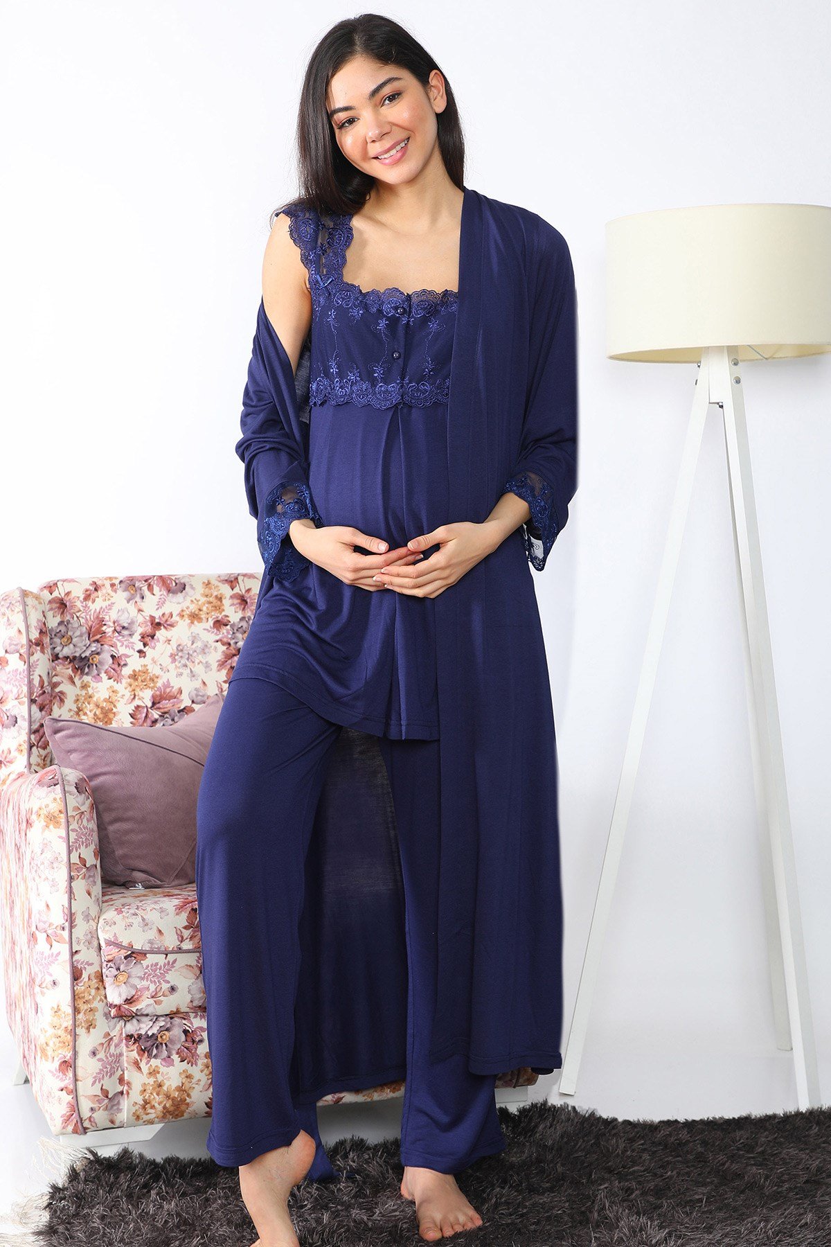 Lohusa Hamile 2501 Lacivert Uzun Sabahlıklı Lohusa Pijama Takımı