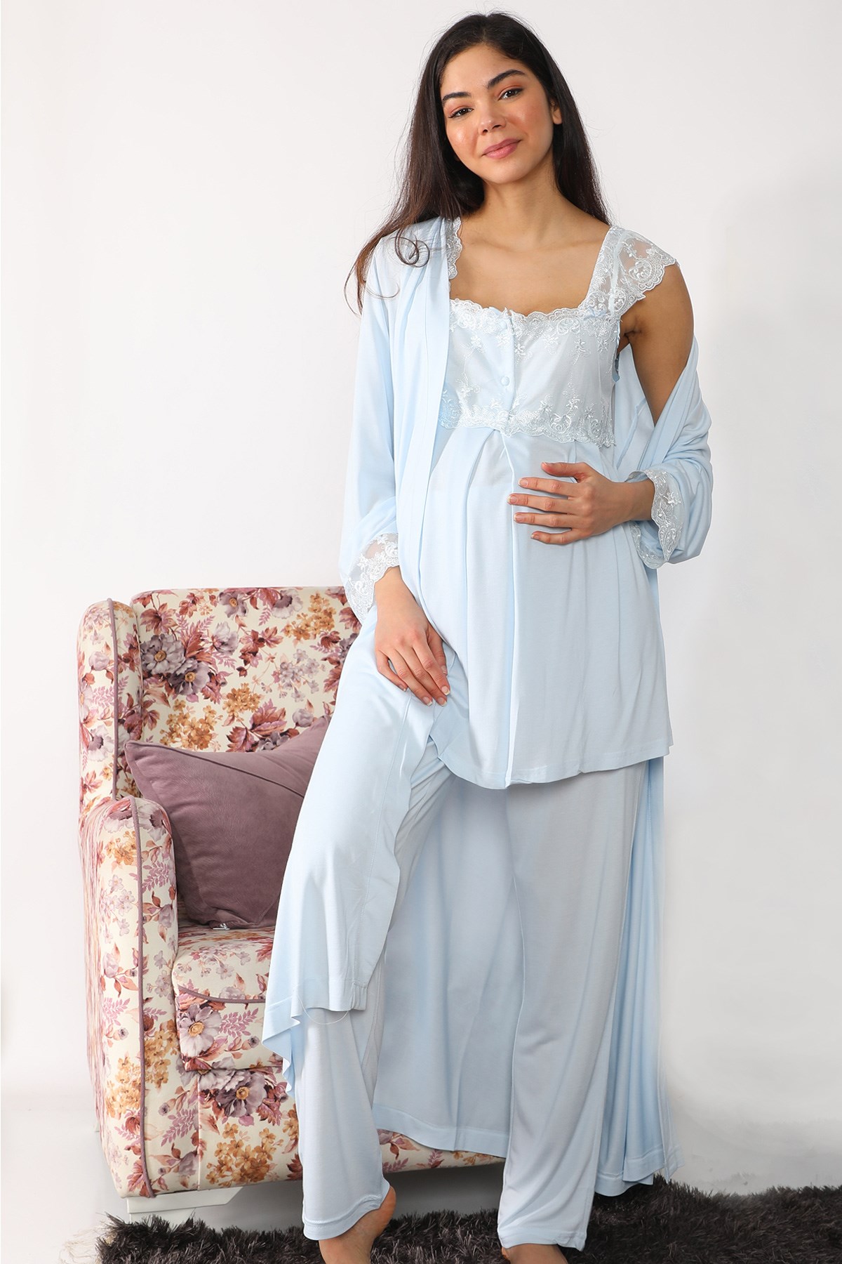 Lohusa Hamile 2501 Baby Blue Maternity Pajama and Long Robe Set
